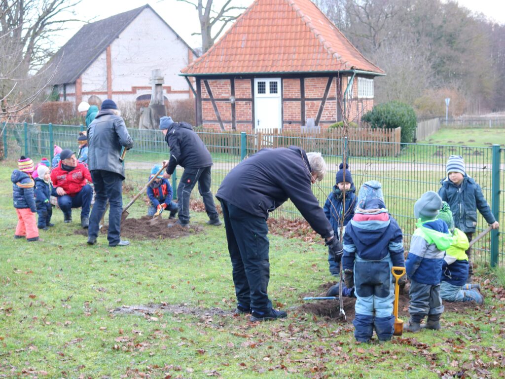 Gemeinsam wurden die neuen Streuobstbäume an der Kita Göhrder Wichtel eingepflanzt.