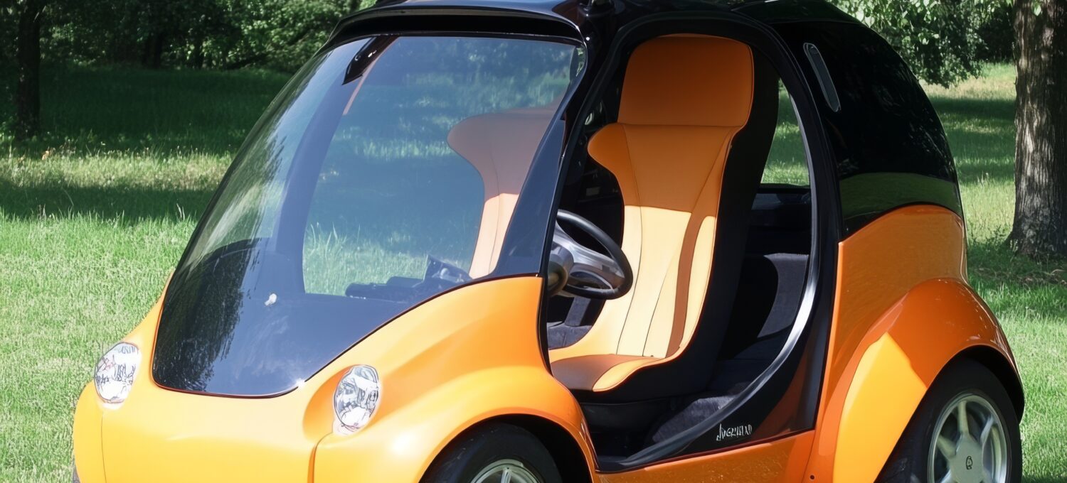 Futuristic orange and black microcar with open gull-wing doors parked on grass