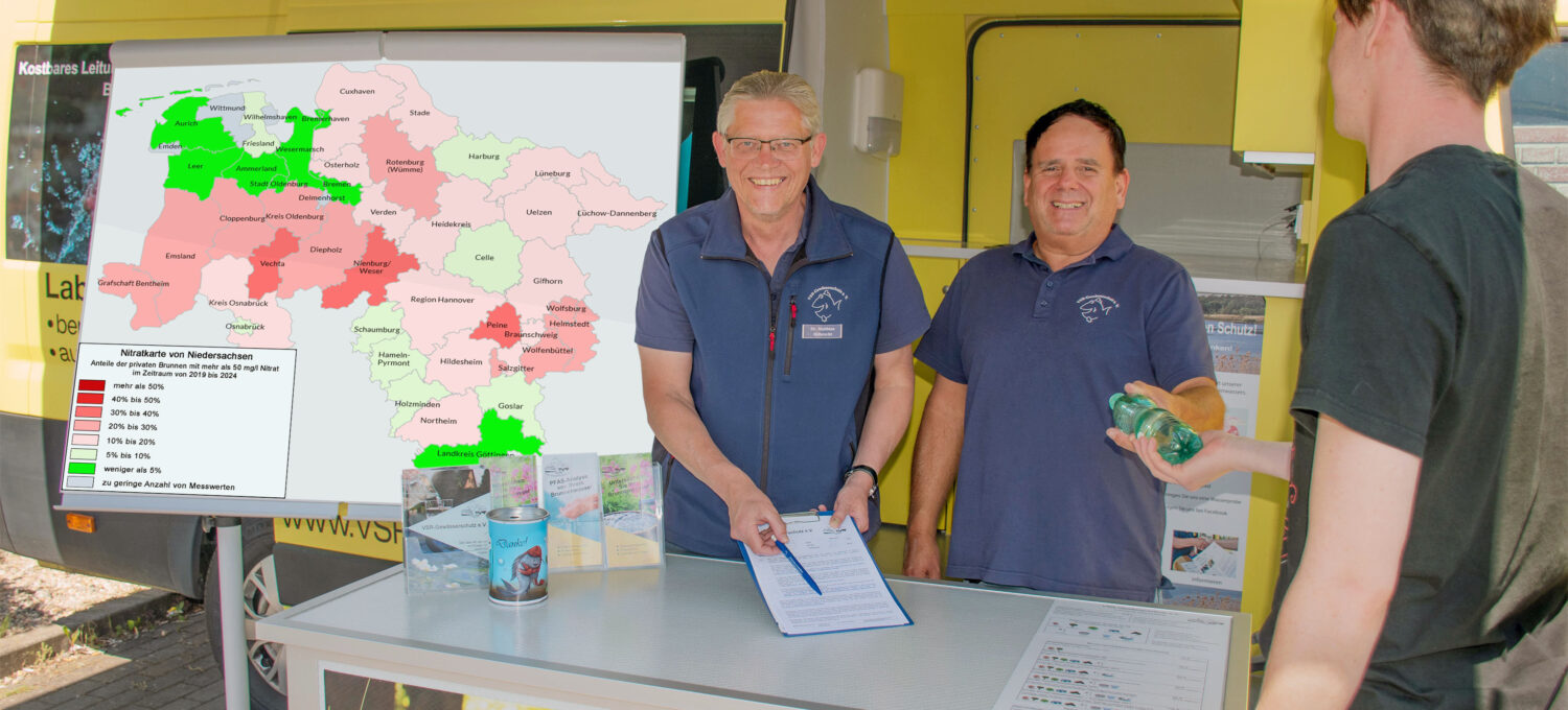 Matthias Albrecht und Frank Sombrowski nehmen am Dienstag, dem 12. August, auf dem Lüchower Marktplatz Wasserproben von Brunnenbesitzern entgegen.