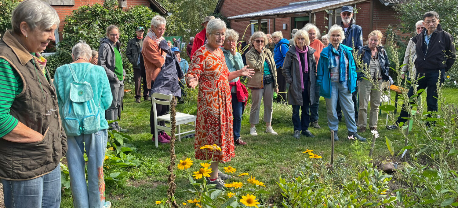 Über großes Interesse an ihrem botanischen Garten konnten sich Heinke Kelm (rotes Kleid) am Sonnabend in Grippel freuen.  Unterstützt wurde sie vom BUND und dem Bündnis Wilde Wiese Wendland.